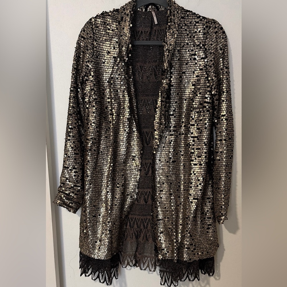 Free People Metallic Gold Sequin long Sleeve Jacket Womens SP